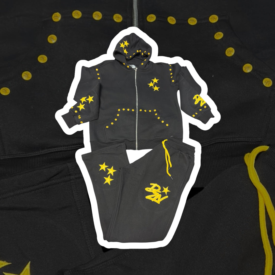 Black & Yellow Sweatsuit Leather Stars