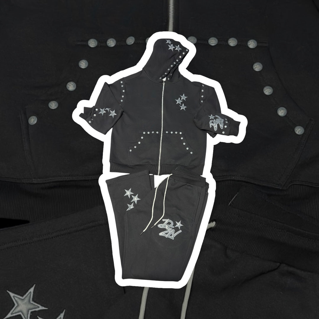 Black & Gray Sweatsuit Leather Stars